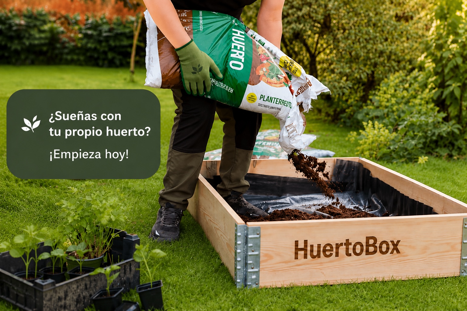 HuertoBox raised planter box filled with flowers and greenery in a garden